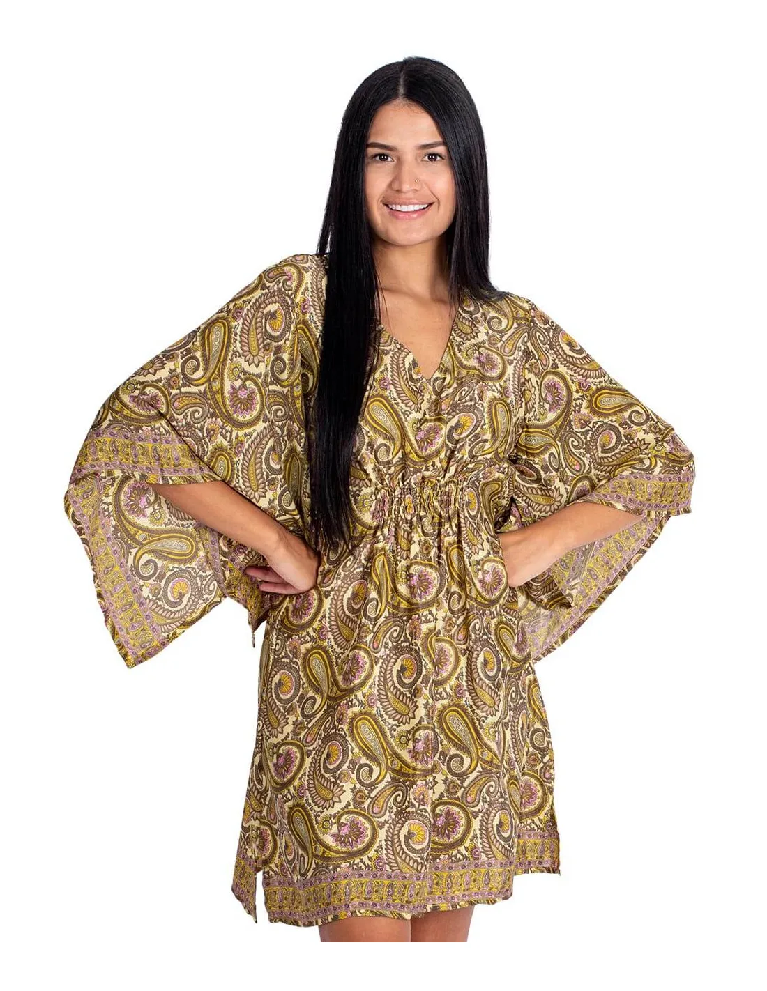 Kjole kort gul paisley i silke