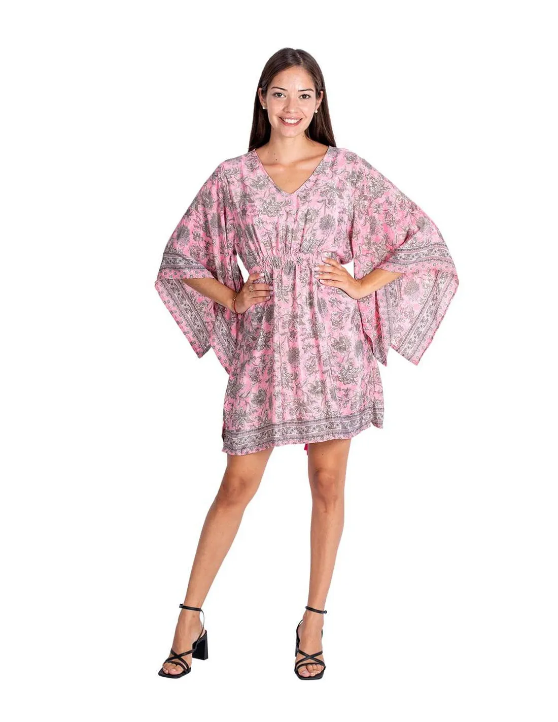 Kjole kort rosa blomster i silke