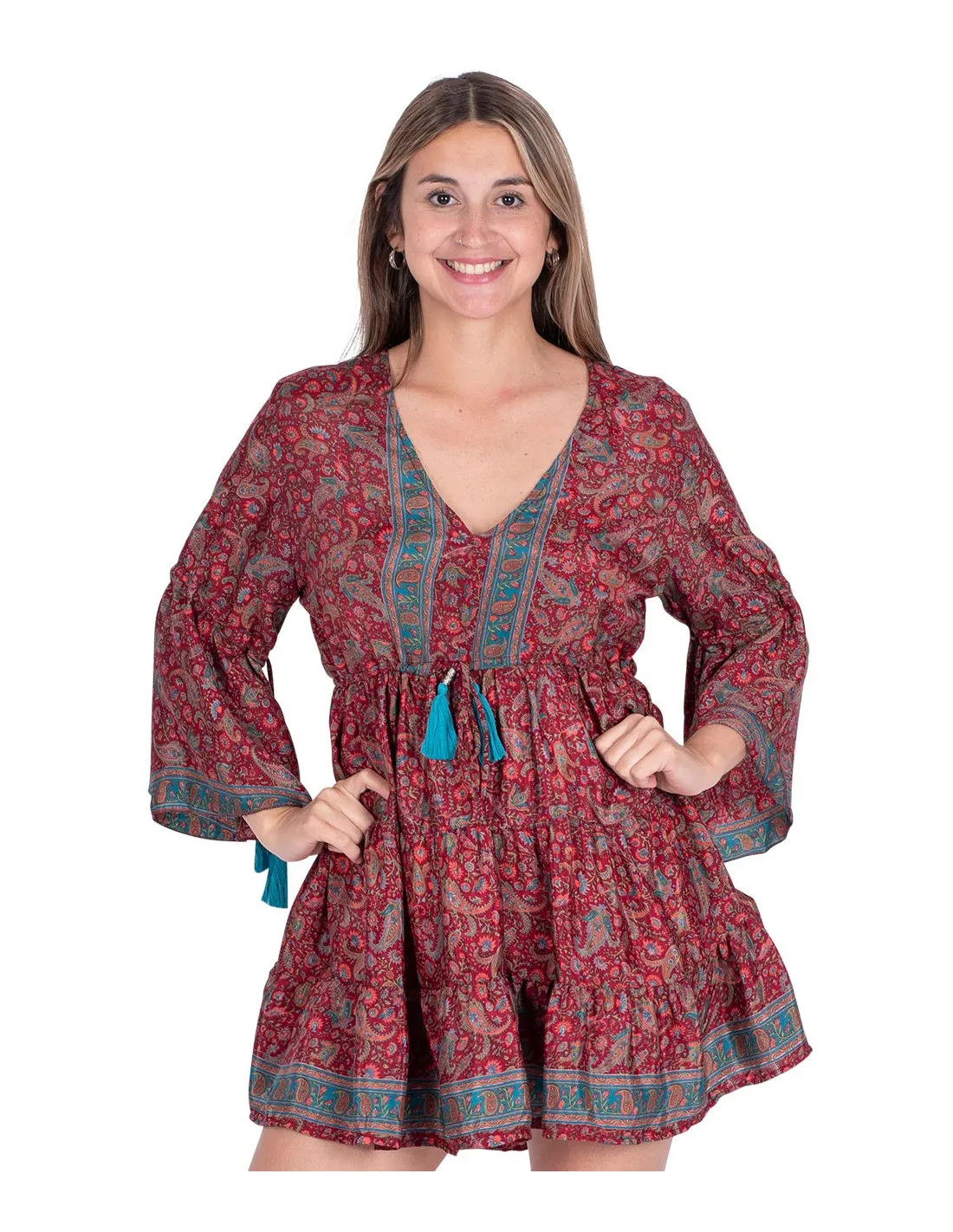 Kjole kort burgunder i silke