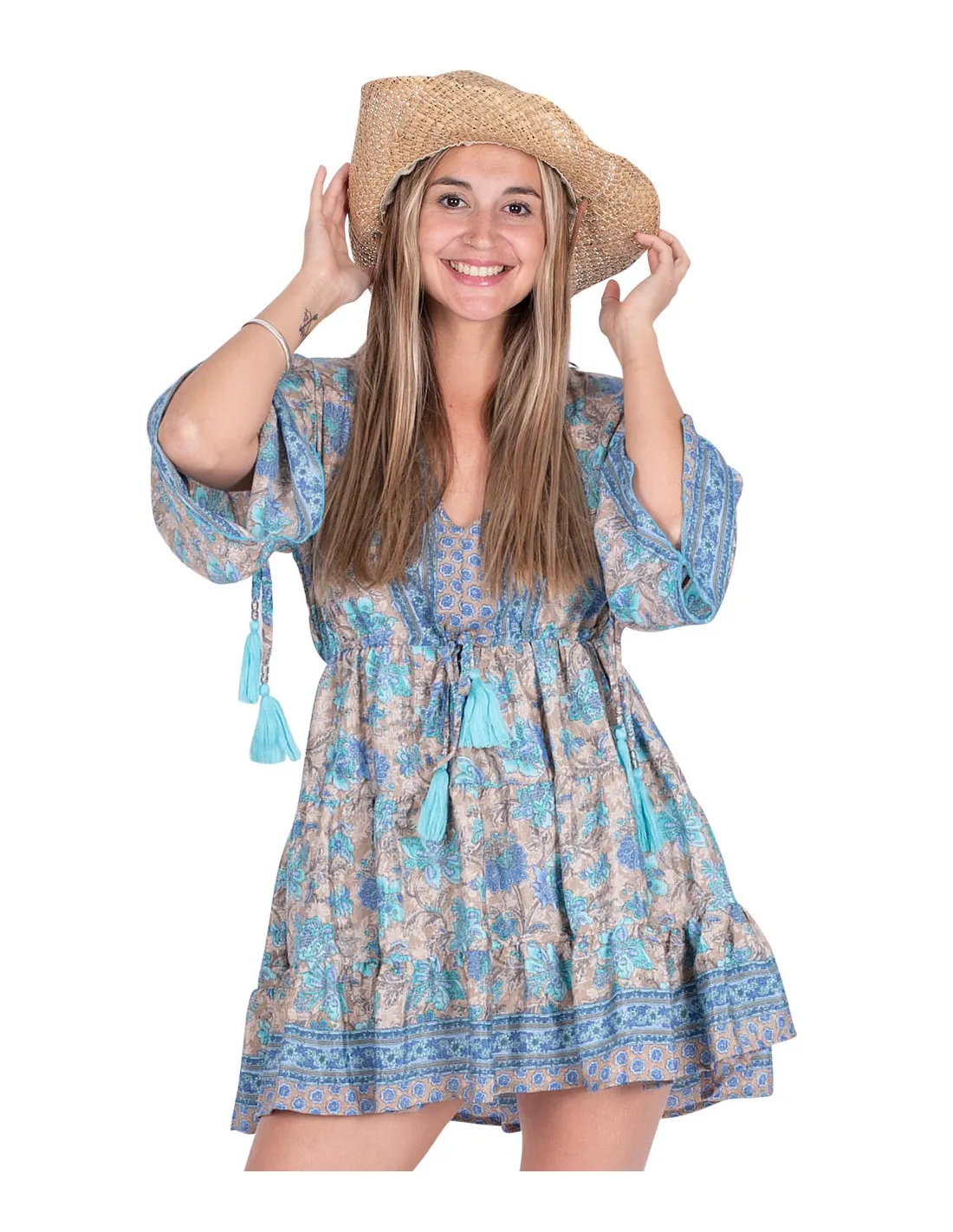 Kjole kort blå i silke