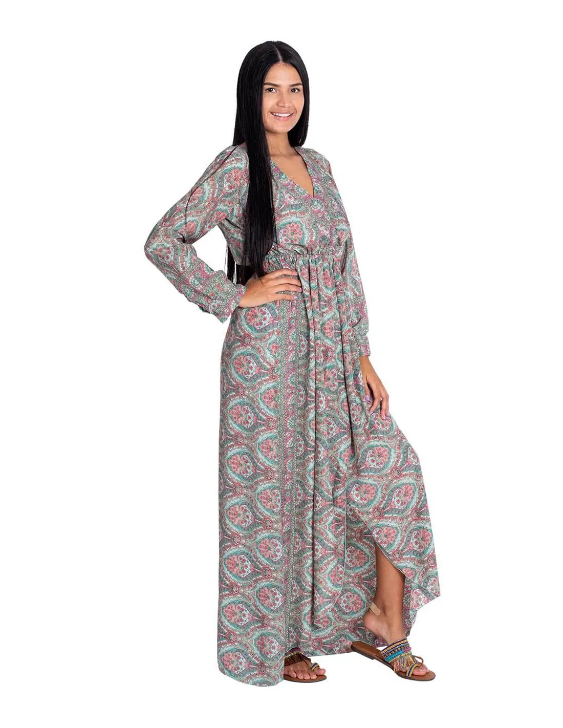 Kjole lang grønn & rosa i silke