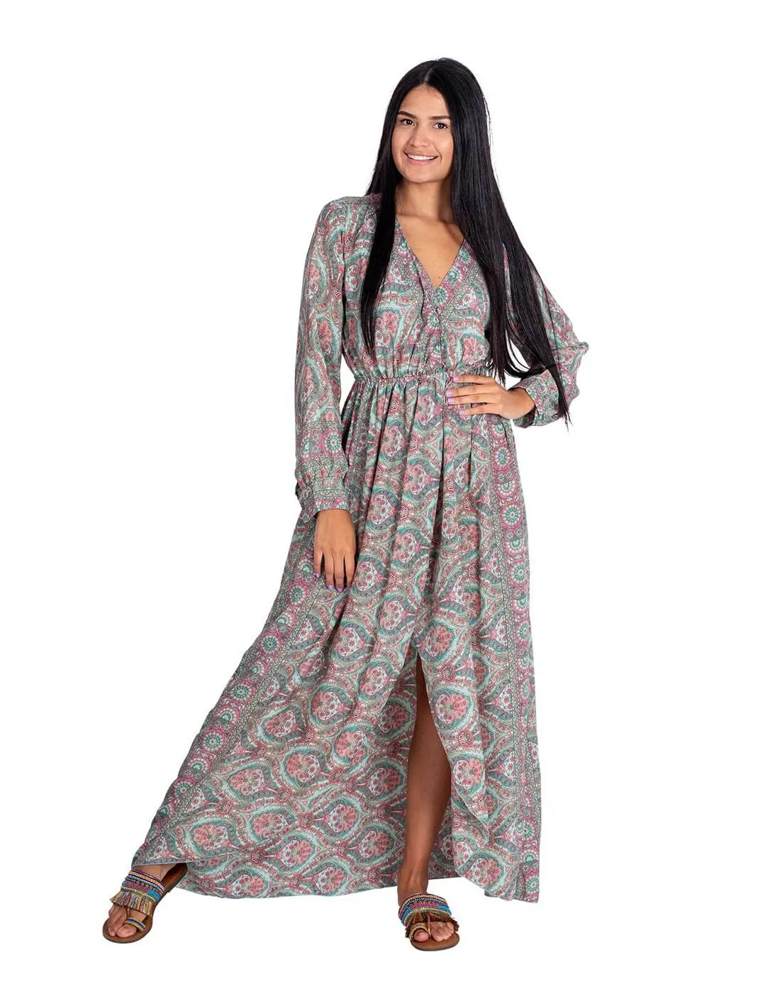 Kjole lang grønn & rosa i silke