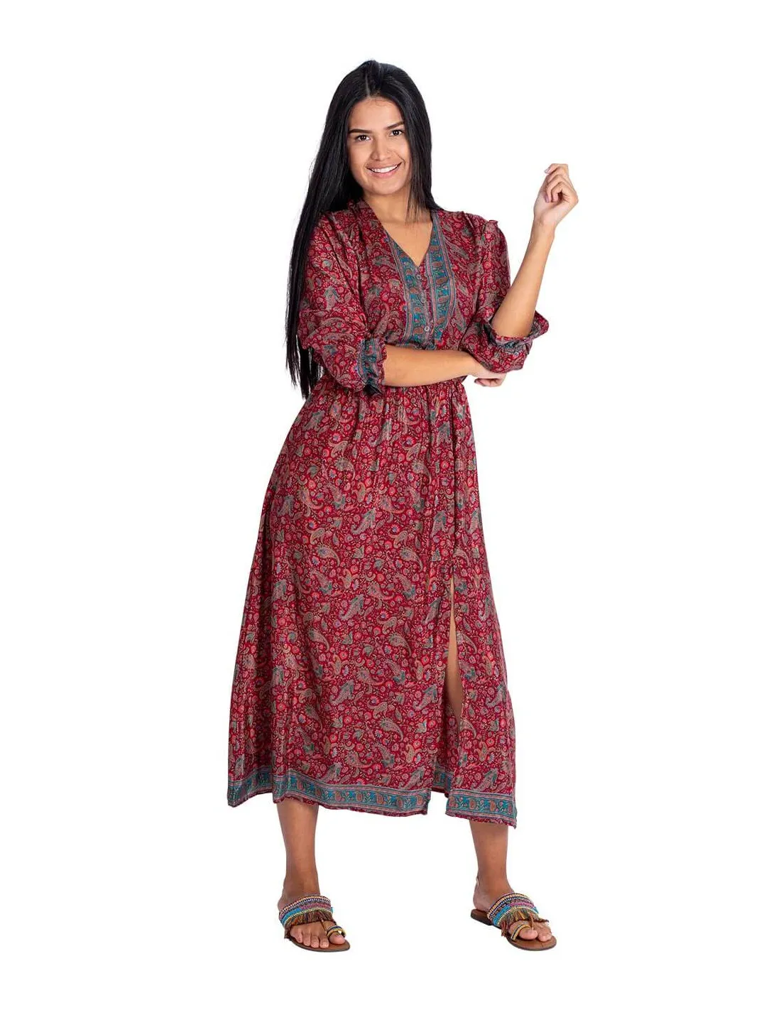 Kjole midi burgunder i silke