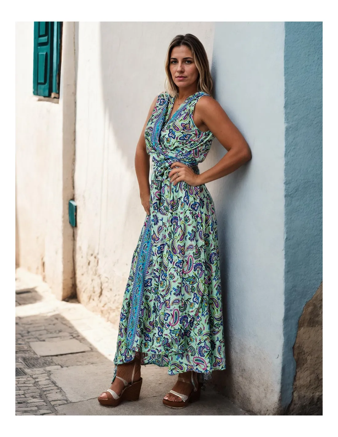 Kjole omslags grønn i silke