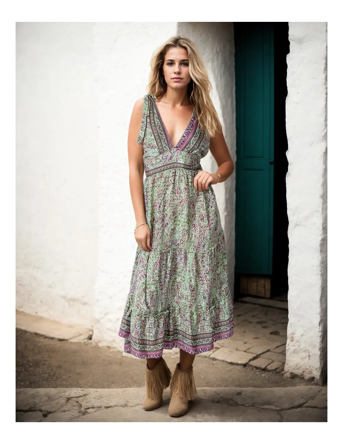 Kjole lang grønn i silke