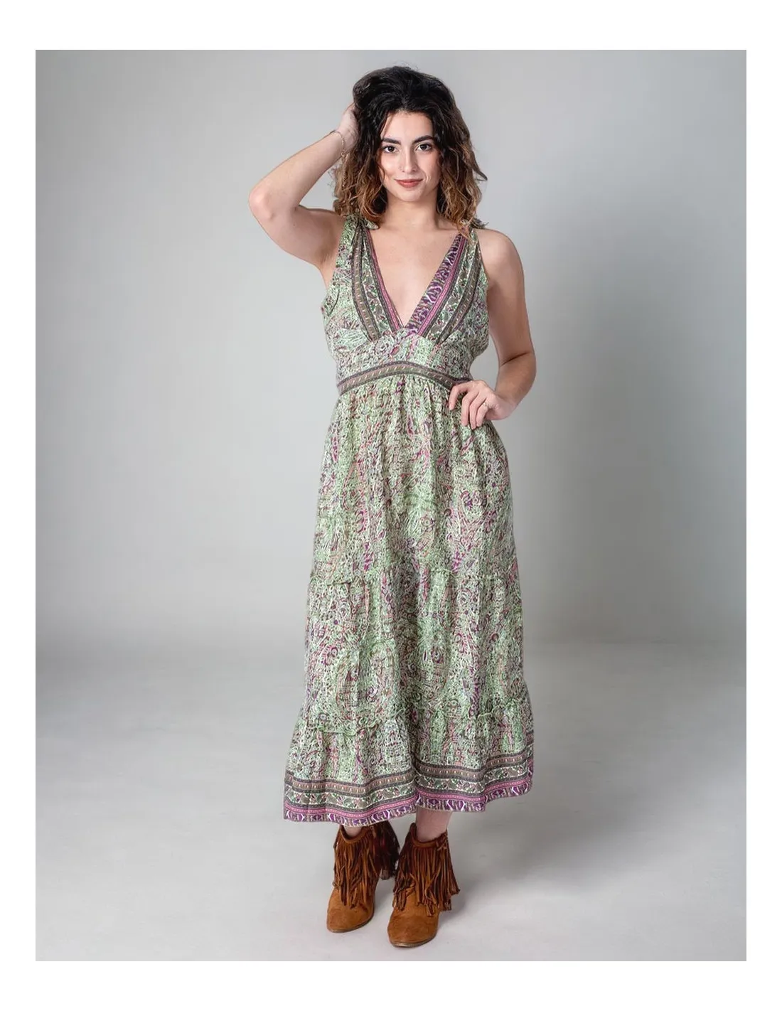 Kjole lang grønn i silke