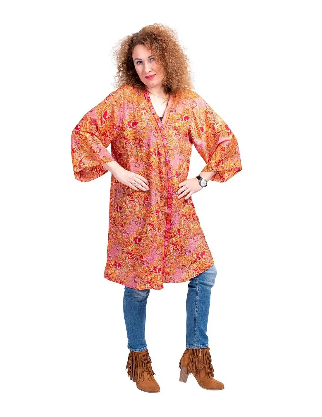 Kimono midi oransje i silke
