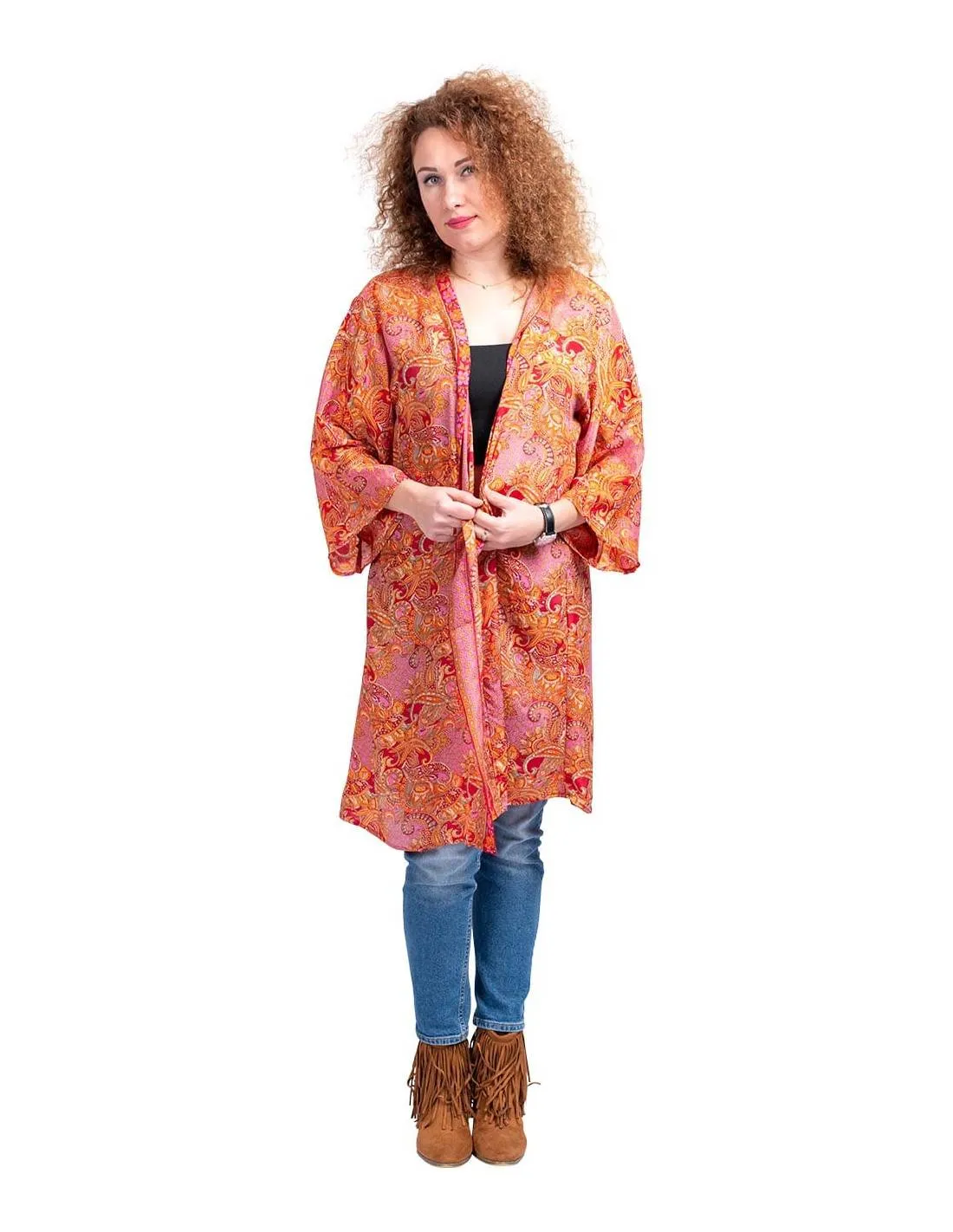 Kimono midi oransje i silke