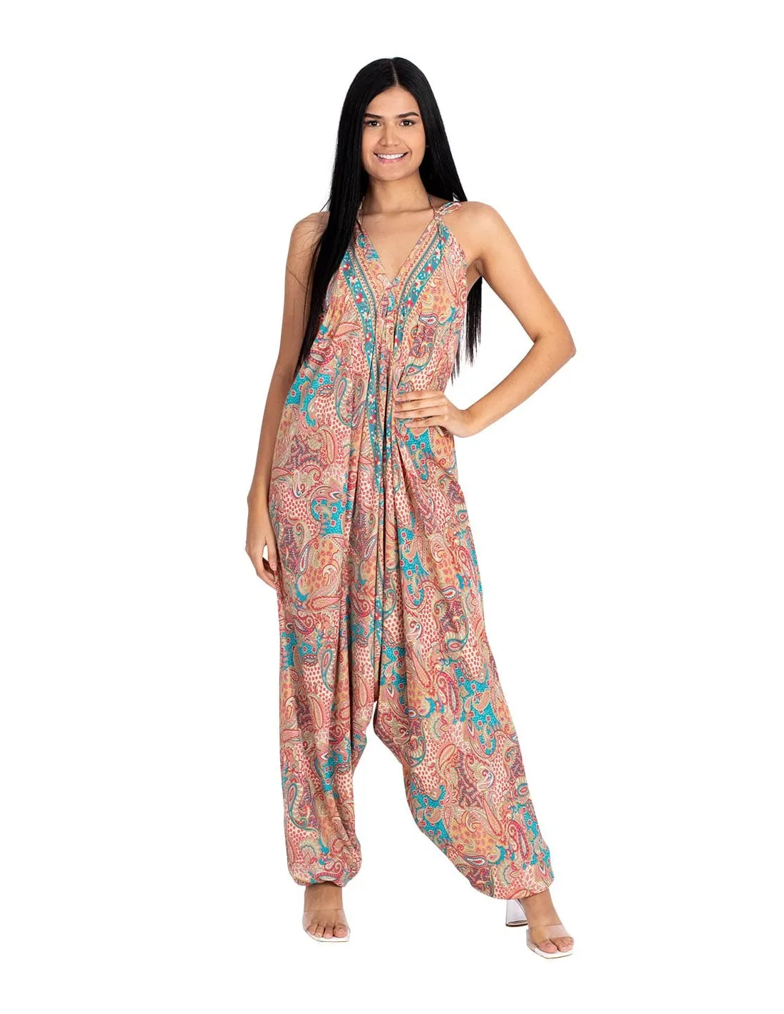 Jumpsuit beige/turkis i silke