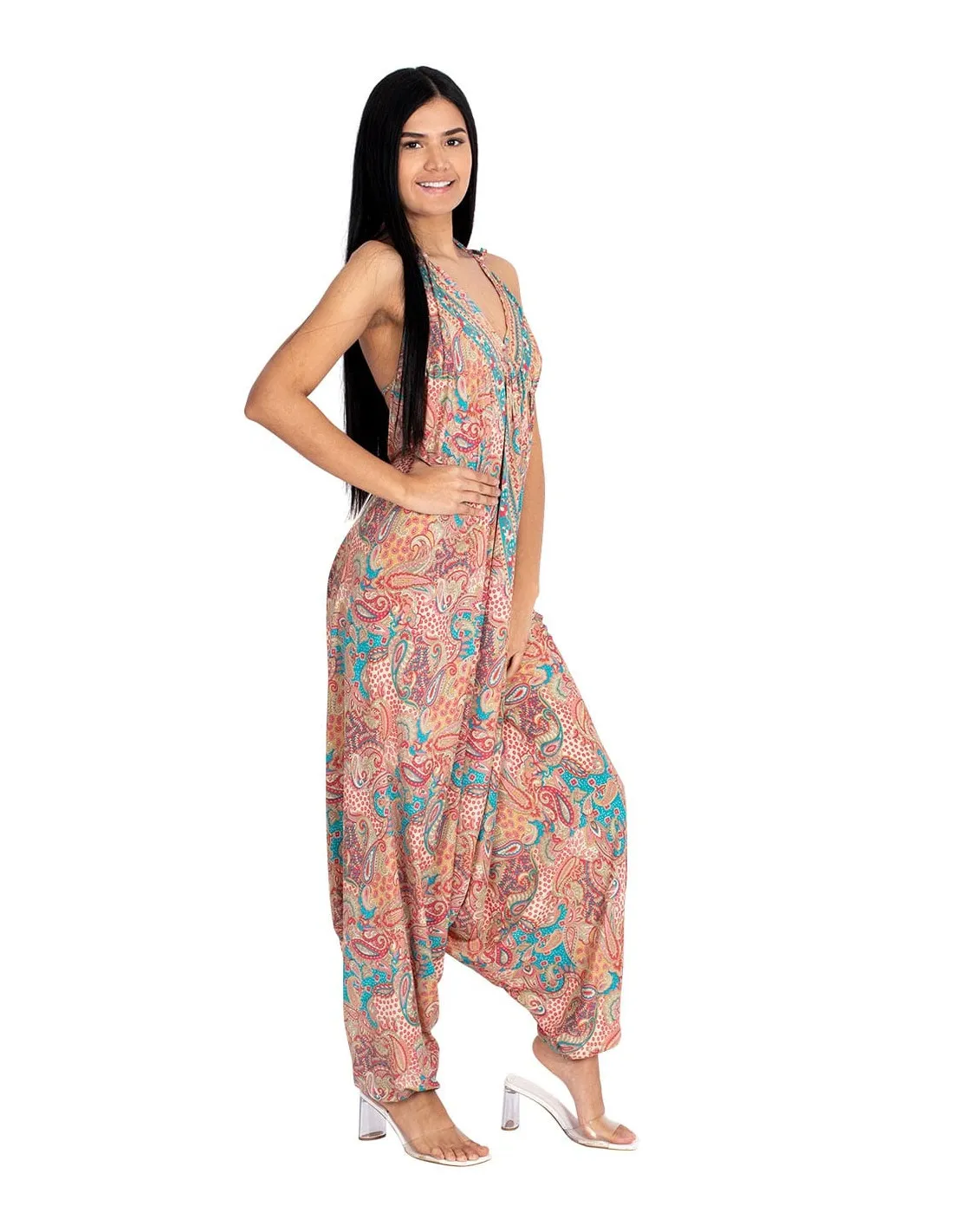 Jumpsuit beige/turkis i silke