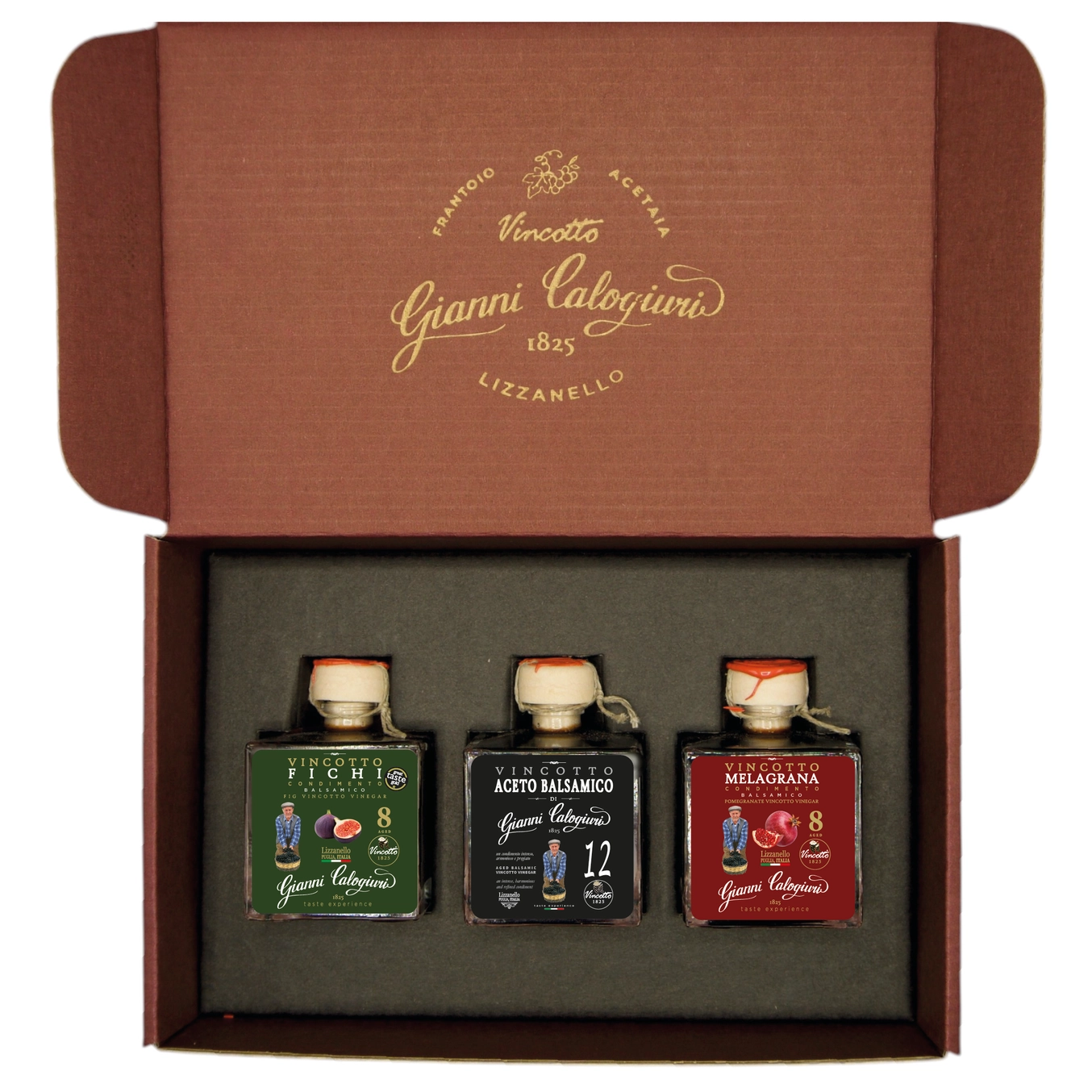 3pk gaveeske med høykvalitets fiken-balsamico(8 år), original balsamico(12 år) granateple-balsamico(8 år), 3 x 50ml.