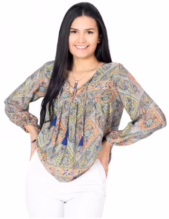 Bluse langermet, grønn-oransje i silke