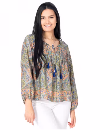 Bluse langermet, grønn-oransje i silke