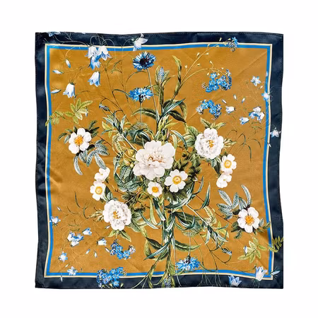 Silkeskjerf Blue Flower Garden Gold 50x50cm