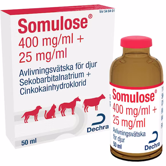 Somulose, avlivningsvätska för djur 400 mg/ml + 25 mg/ml, 50 milliliter