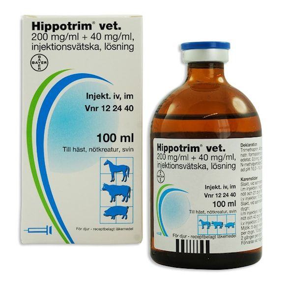 Hippotrim vet., inj-vätska, lösning 200 mg/ml + 40 mg/ml, 100 milliliter