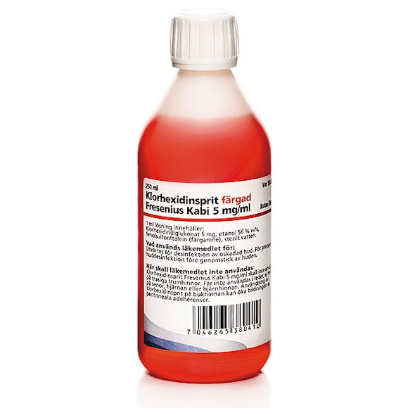 Klorhexidinsprit färgad Fresenius Kabi, kutan lösning 5 mg/ml, 250 milliliter