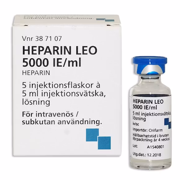 Heparin LEO, inj-vätska, lösning 5000 IE/ml Orifarm AB, 5 x 5 milliliter