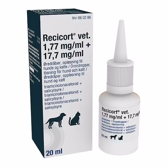 Recicort vet., örondroppar, lösning 1,77 mg/ml + 17,7 mg/ml, 1 x 20 milliliter