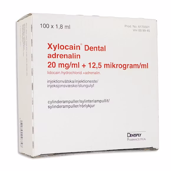 Xylocain Dental Adrenalin, inj-vätska, lösning 20 mg/ml + 12,5 mikrogram/ml, 100 x 1,8 milliliter