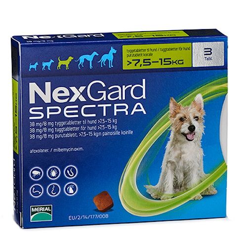 NEXGARD SPECTRA för hund >7,5-15 kg 38 mg/8 mg 3 tablett(er) Tuggtablett