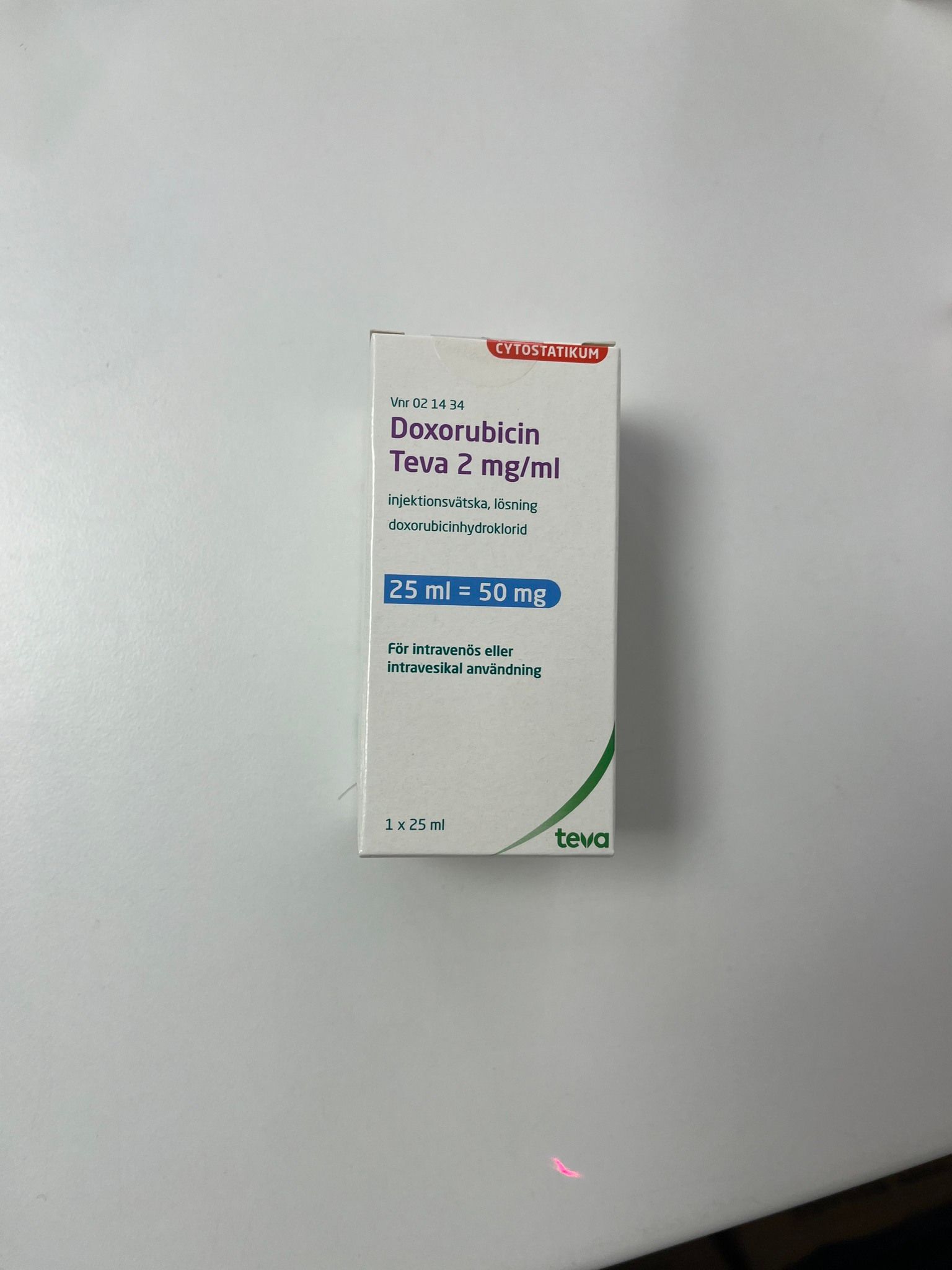Doxorubicin Teva 2 mg/ml 25 milliliter Injektionsvätska, lösning