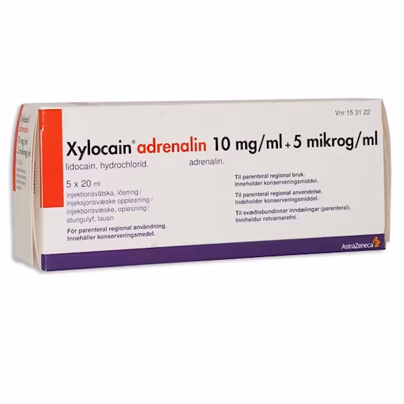 Xylocain adrenalin, inj-vätska, lösning 10 mg/ml + 5 mikrogram/ml, 5 x 20 milliliter