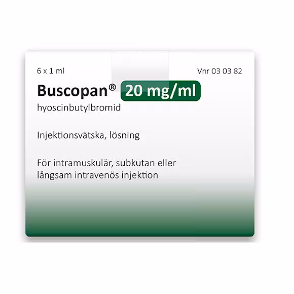 Buscopan, inj-vätska, lösning 20 mg/ml Ebb Medical AB, 6 x 1 milliliter