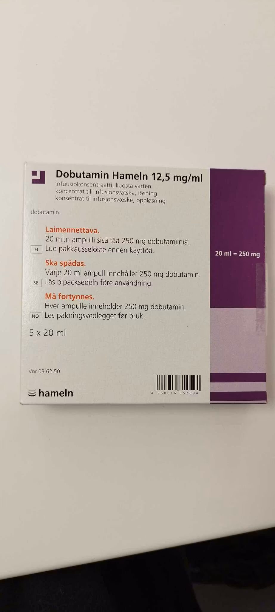 Dobutamin Hameln 12,5 mg/ml 5 x 20 milliliter Koncentrat till infusionsvätska