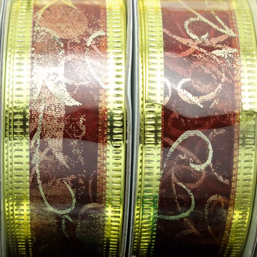 Vinröd med Juliga Gulddetaljer Organzaband 25mm 2,5m
