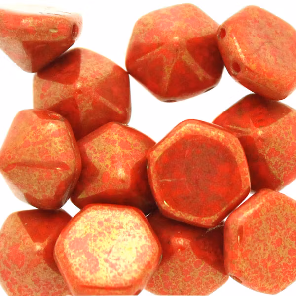 Opaque Light Coral Copper Picasso Pyramid Hexagon Beads 5st