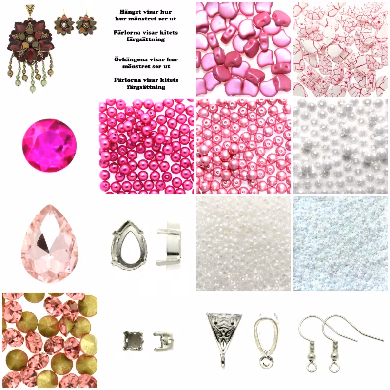 Rosa/Vit Padrugi Hänge och Örhängen Kit (EJ MÖNSTER ENDAST PÄRLOR)