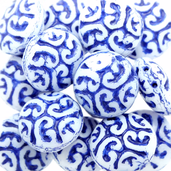 Opaque White Dark Blue Cabochons 2-hole 13mm 3st