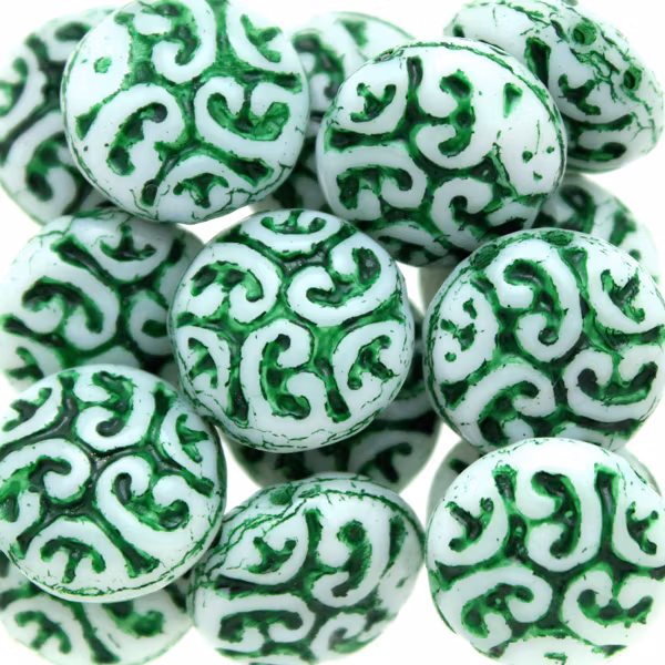 Opaque White Green Garden Cabochons 2-hole 13mm 3st