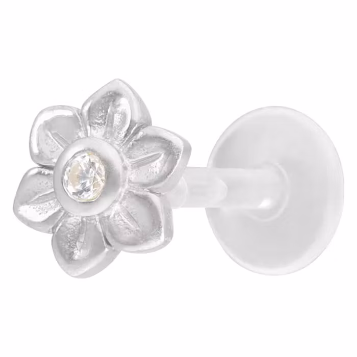 Labretstav med en blomma och en vit kristallsten Bioplast 1,2x8 mm