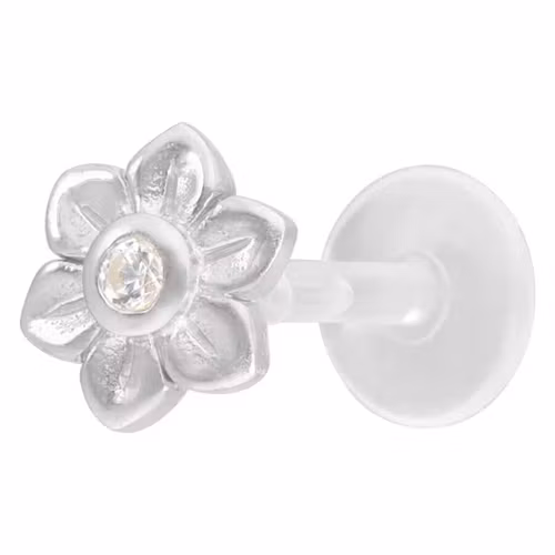 Labretstav med en blomma och en vit kristallsten Bioplast 1,2x8 mm