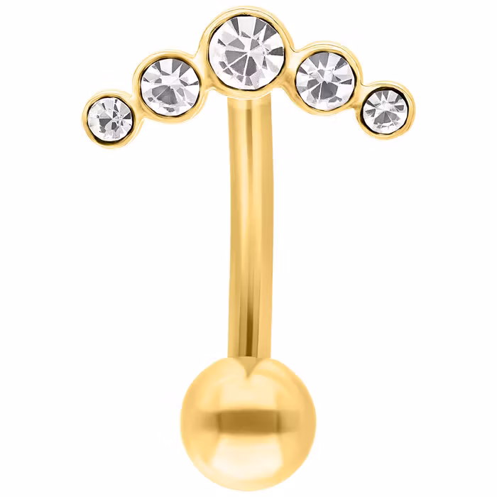 Guldigt navelsmycke med fem vita stenar upptill 1,6x8 mm