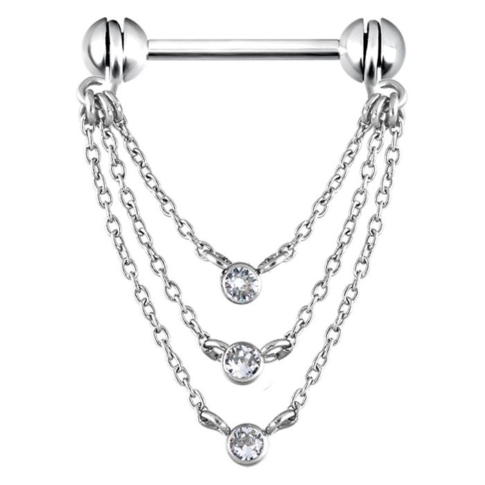 Vacker nippelpiercing med tre hängande kedjor 1,6x14 mm