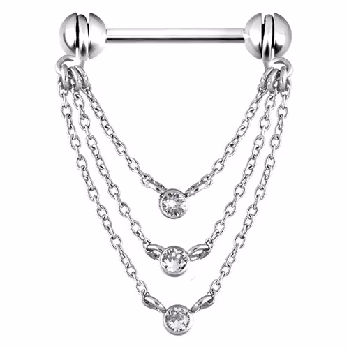 Vacker nippelpiercing med tre hängande kedjor 1,6x14 mm