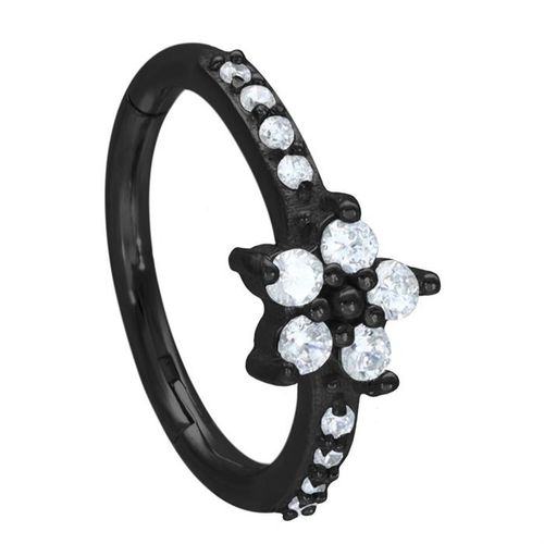 Vacker svart ring med vita stenar och en blomma, olika storlek