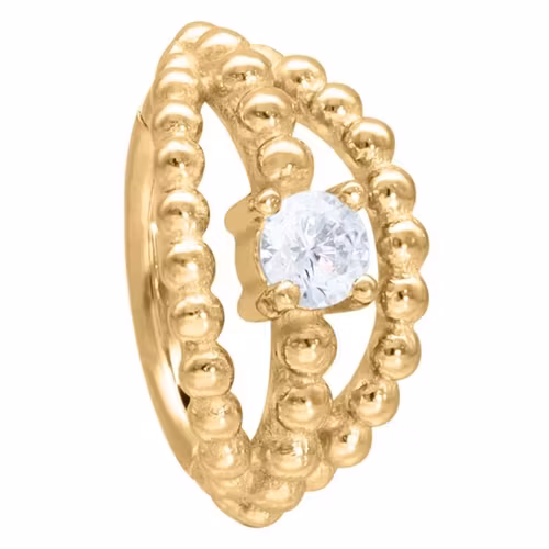 Clickkering i guldig färg med trippeldesign och en vit sten i mitten, olika storlek