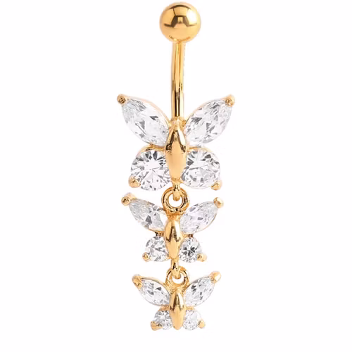 Navelsmycke i guldig färg med tre hängande fjärilar i kristaller 1,6x8 mm