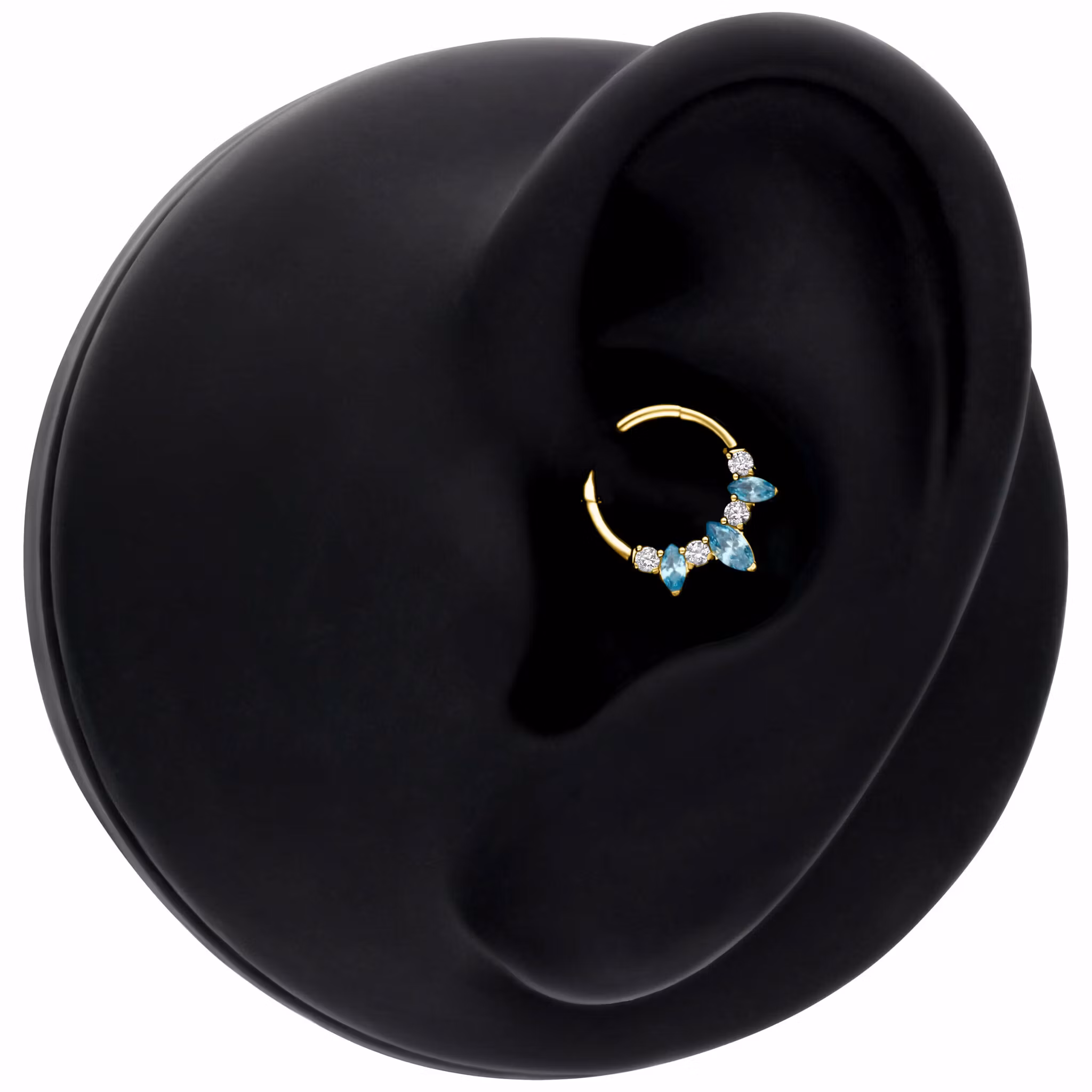 Guldig ring med vita stenar och diamantformade aquamarin stenar 1,2x8mm