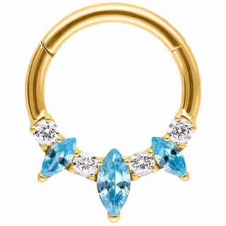 Guldig ring med vita stenar och diamantformade aquamarin stenar 1,2x8mm