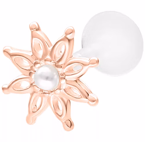 Rosefärgad labretstav i bioplast med en blomma med sötvattenpärla i mitten 1,2x6 mm