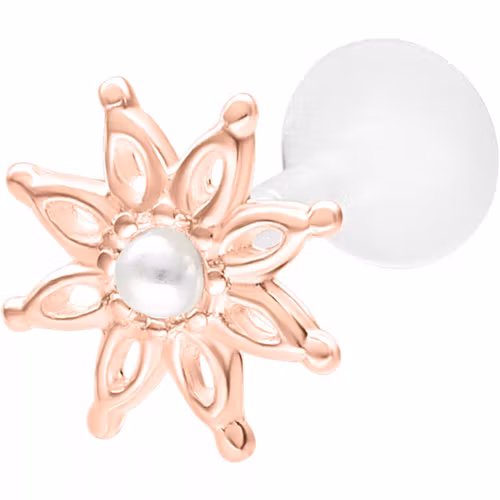 Rosefärgad labretstav i bioplast med en blomma med sötvattenpärla i mitten 1,2x6 mm