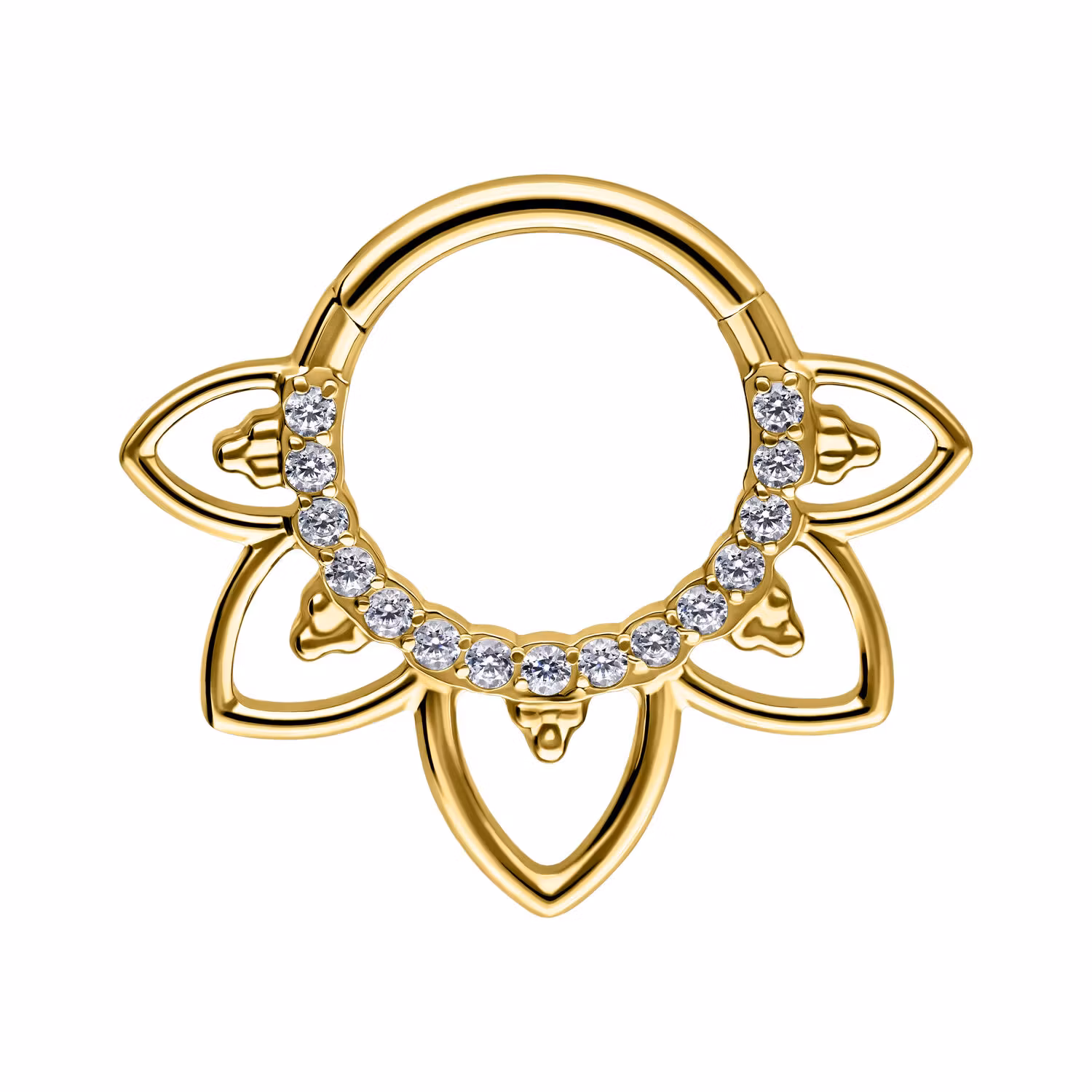 Clickerring i guldig färg med vit strass och blomliknande detaljer 1,2x8 mm