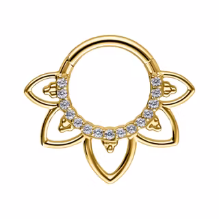 Clickerring i guldig färg med vit strass och blomliknande detaljer 1,2x8 mm