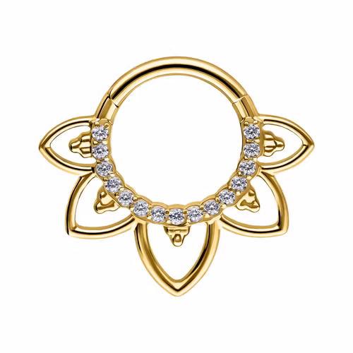 Clickerring i guldig färg med vit strass och blomliknande detaljer 1,2x8 mm