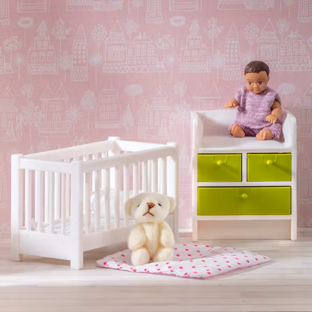 LUNDBY- Spjälsäng+Skötbord/dockmöbler